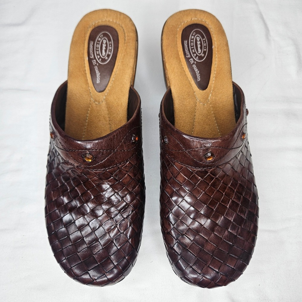 Dr Scholls Lattice Brown Woven Leather Clog Mules Wedge Platform Rhinestone 9M - Picture 1 of 9